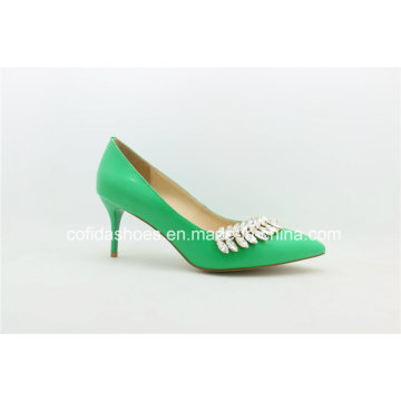 Fresh Green Leather Women Shoe with Fashion Diamond